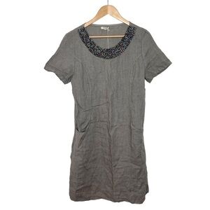 Lina Tomei Beaded Linen Shift Dress Taupe Brown Women’s L Short Sleeve Pockets